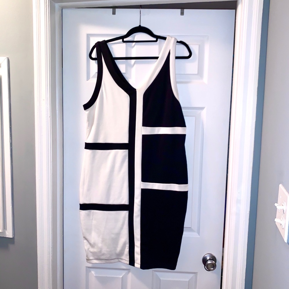 Colorblock Bodycon Dress Black White Minimalist Work Midi 3X